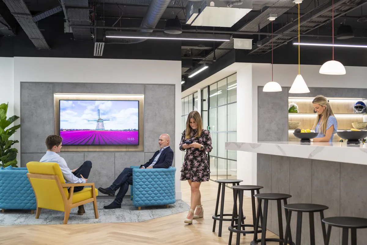 Bistro-Style Reception — DTRE, 25 Argyll Street Mayfair by K2 Space Bistro and coffee-shop style reception replacing the conventional reception desk at DTRE 25 Argyll Street Mayfair by K2 Space