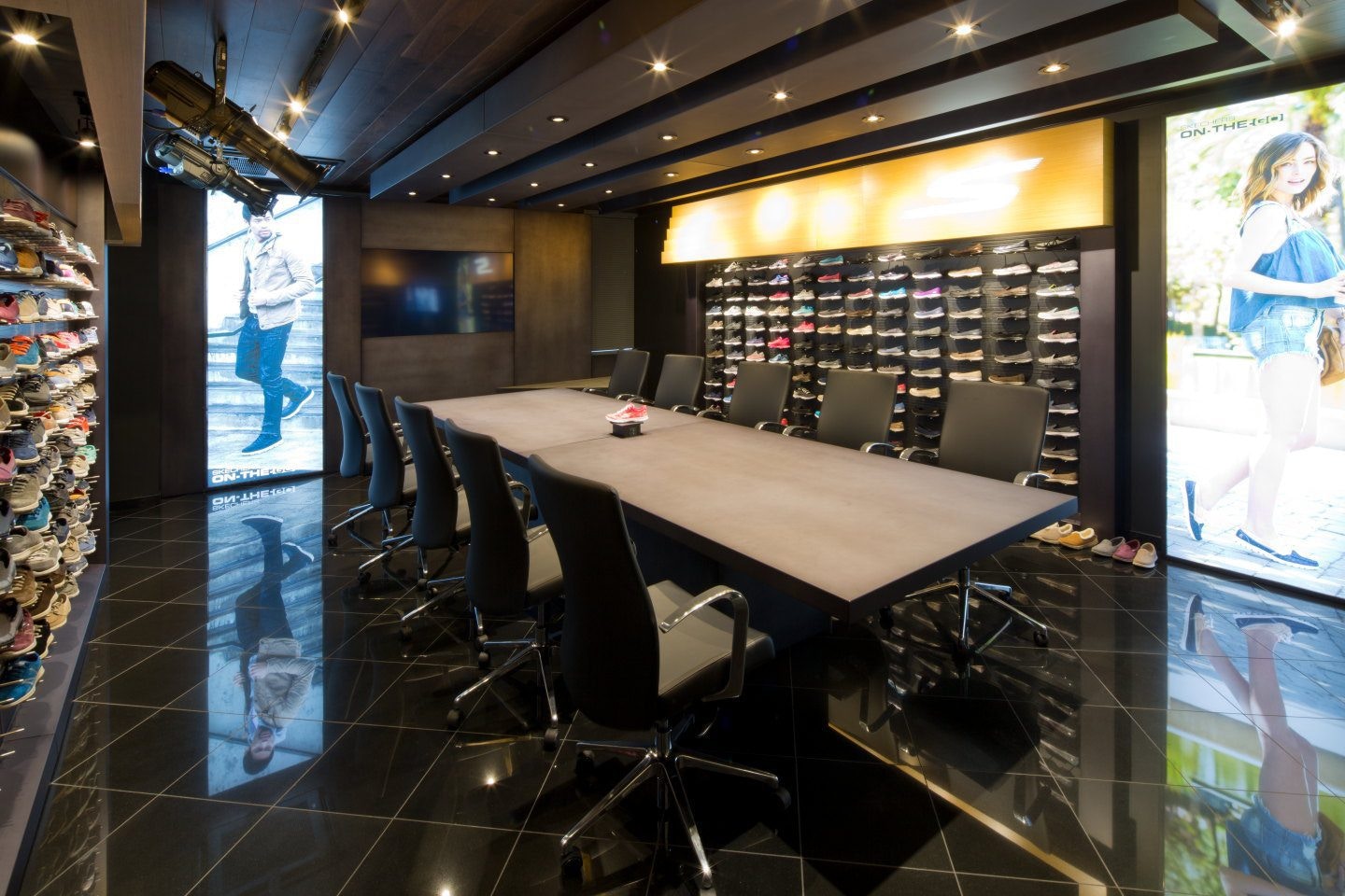 Sketchers boardroom with shoes displays