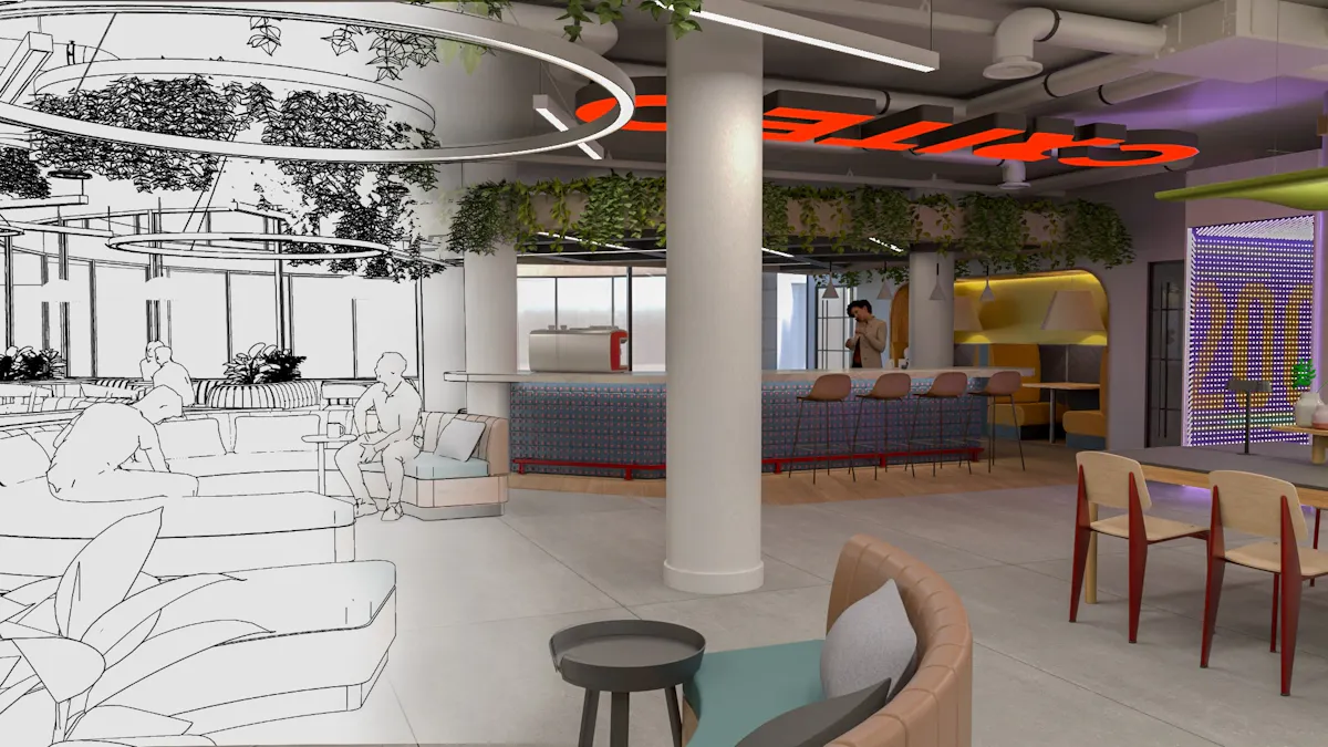 Collaborative Office Hub Modular collaboration hub combining lounge seating, project tables and writable surfaces by K2 Space