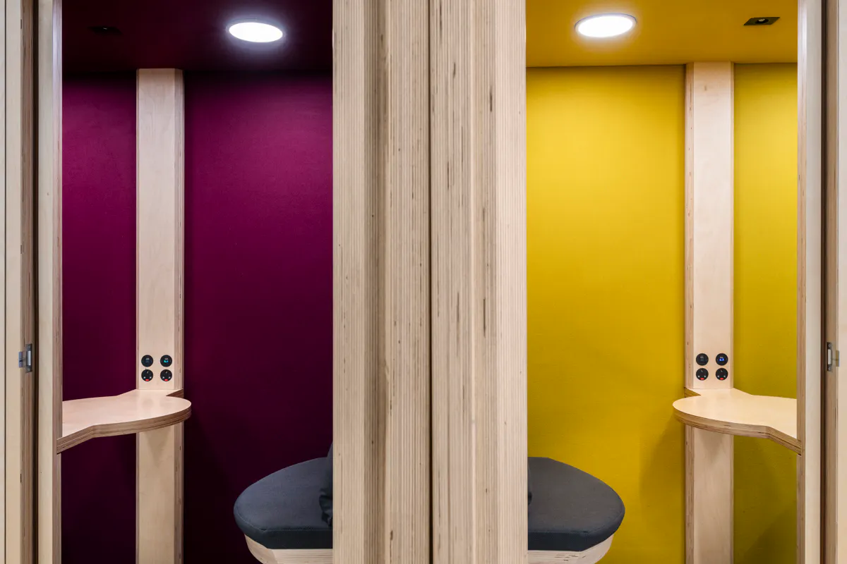 Focus Pods and Phone Booths Acoustic focus pods and phone booths providing private space inside an open plan office by K2 Space